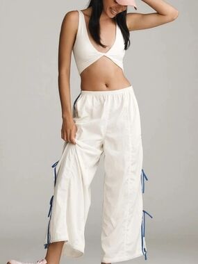 NWT Anthroplologie Daily Practice Wide Leg Pull-On Pants Tie White/Creme Sz Med